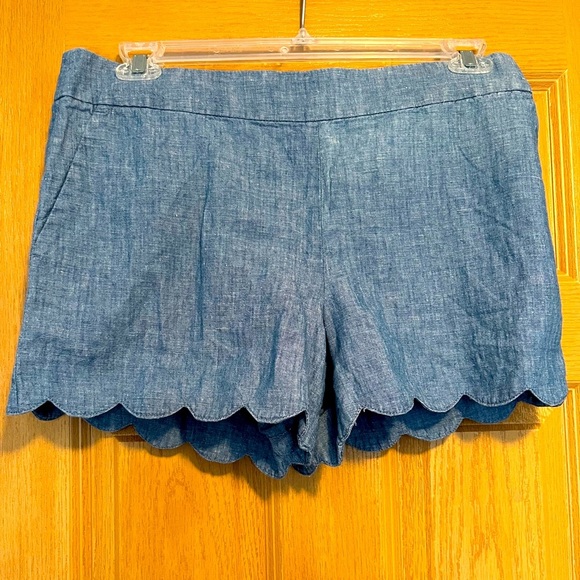 Loft Blue Scalloped Edge Linen/Cotton Shorts - Picture 1 of 12